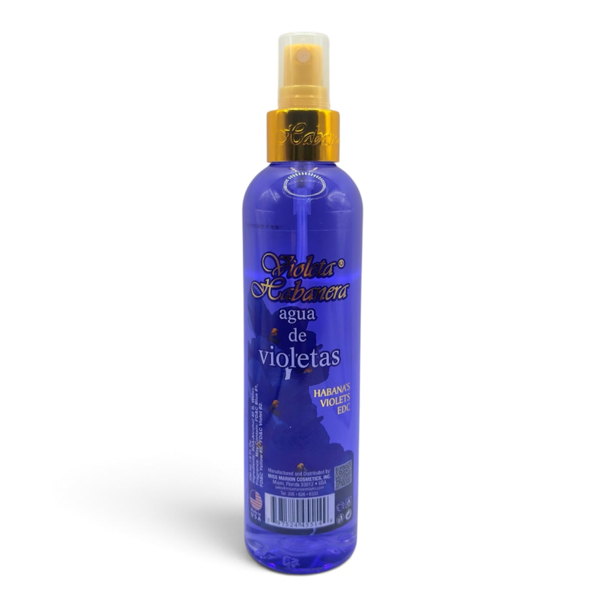 A bottle of Violeta Habanera Agua de Violetas spray, featuring a translucent blue bottle with a gold collar and a clear spray nozzle, set against a plain white background.