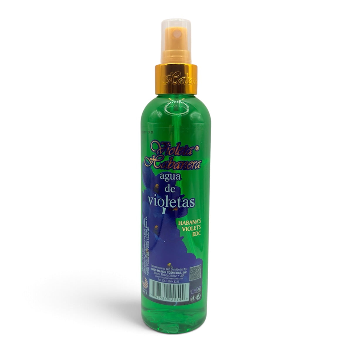 A green plastic spray bottle of 'Relax Relajadora' hair relaxant spray with a gold collar and clear cap, containing a green liquid, on a white background.
